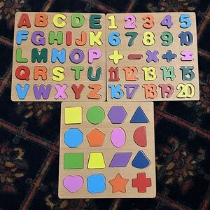 Wooden Alphabet, Numbers & Shapes Puzzle Set for Kids - Colorful Learning Toy